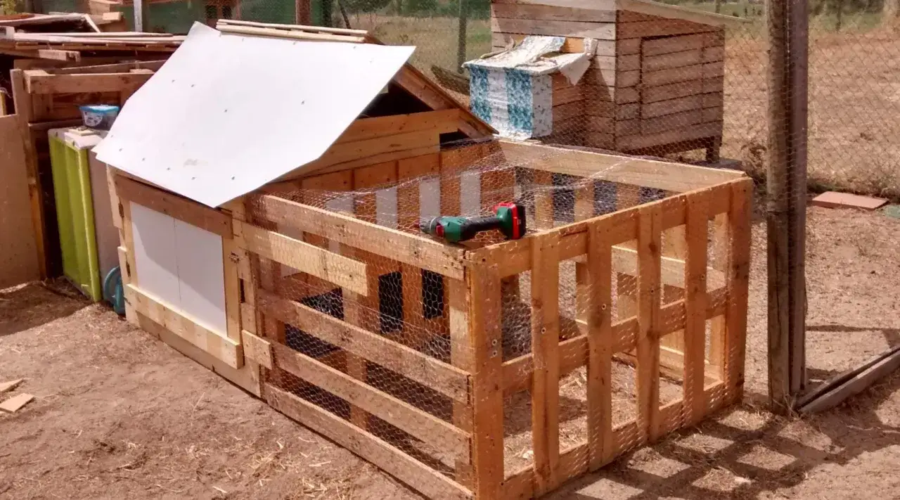 Construcción de un gallinero con palets. Se ve la estructura de madera, malla metálica y un taladro, ideal para aprender como hacer un gallinero.