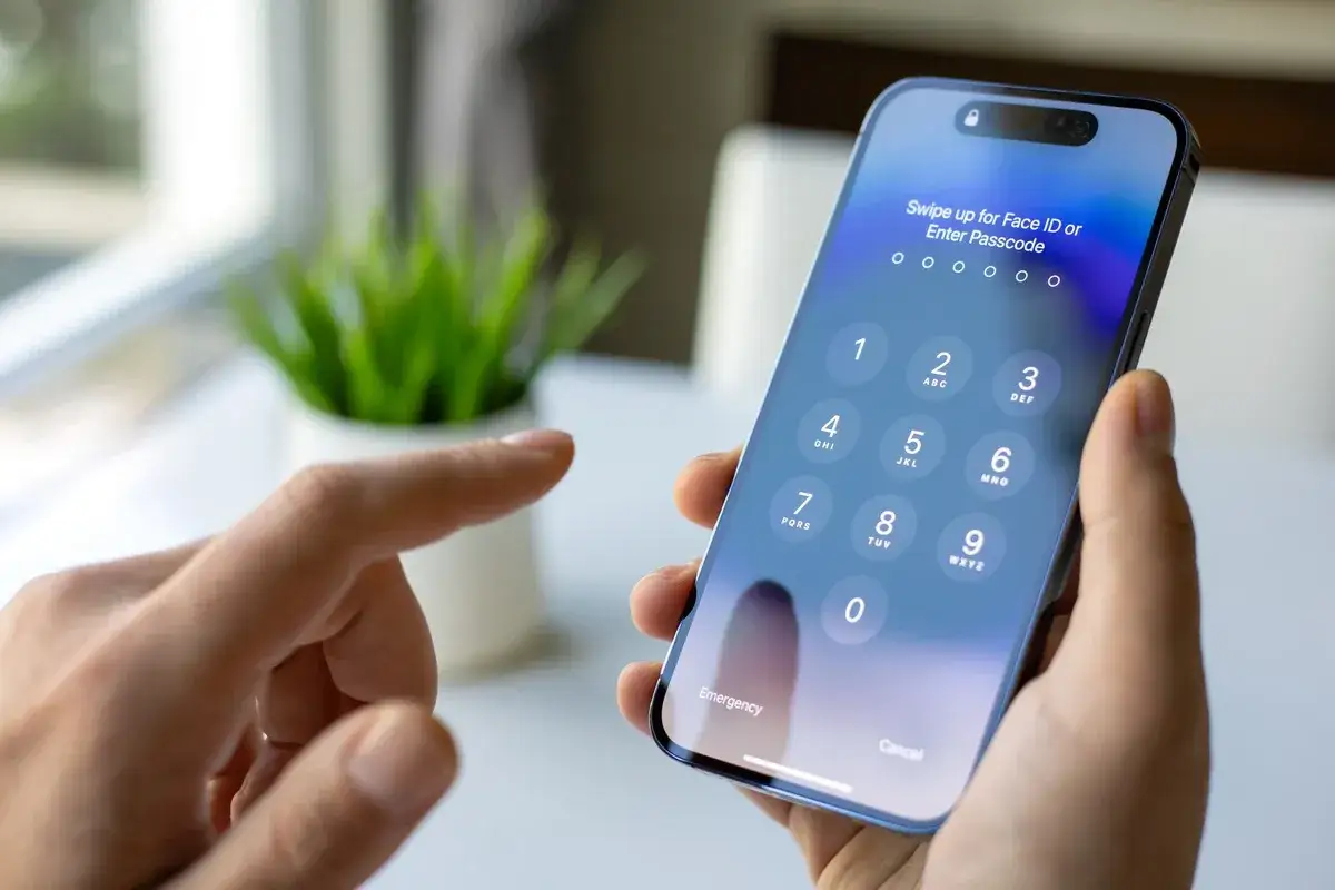 Dłoń trzyma iPhone'a z ekranem blokady. Dowiedz się, jak zmienić Apple ID, aby zabezpieczyć swoje konto.
