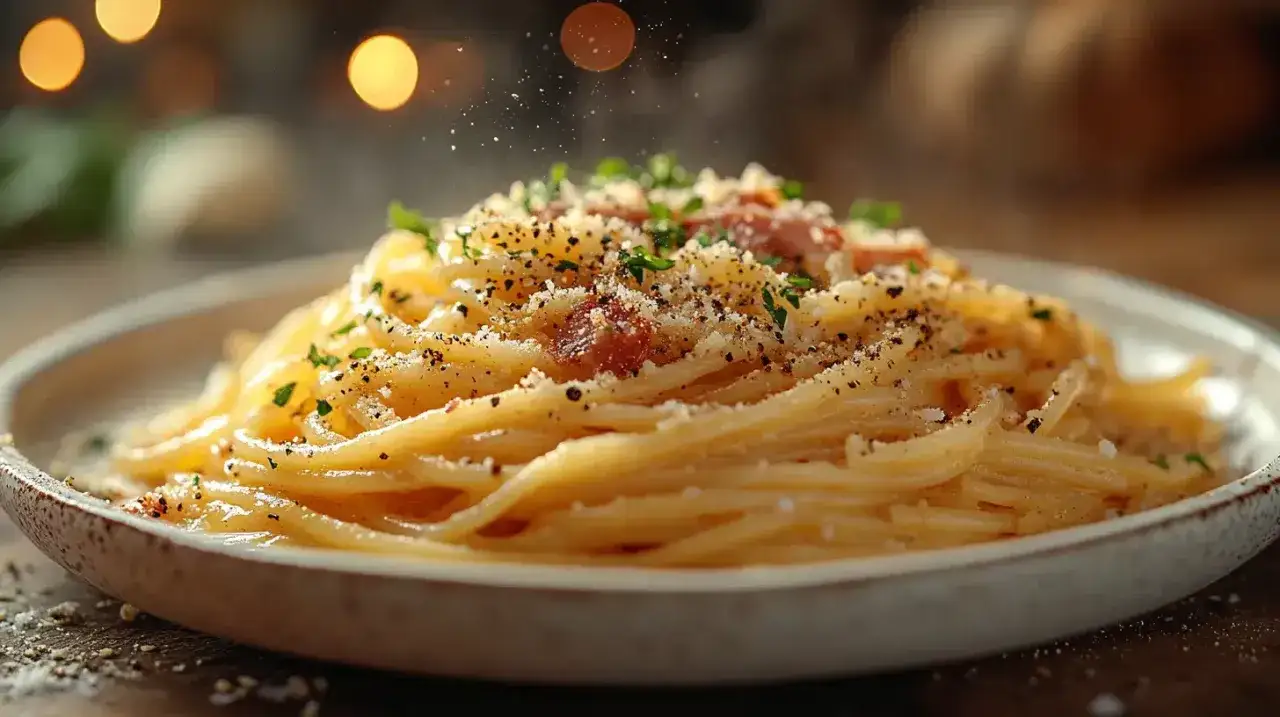 Pyszne spaghetti carbonara, idealne połączenie makaronu, boczku, parmezanu i pieprzu. Kluczowe carbonara skladniki w jednym daniu.