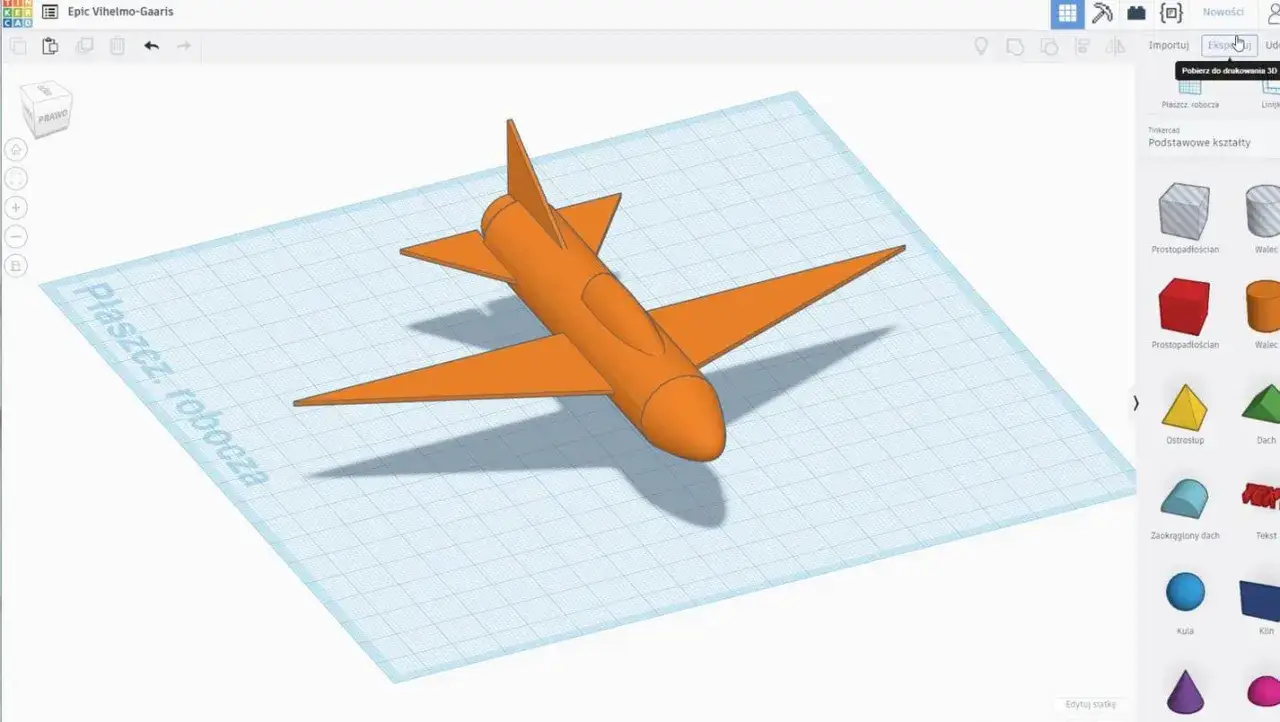 Pomarańczowy samolot na siatce w Tinkercad po polsku. Tworzenie modeli 3D jest proste!