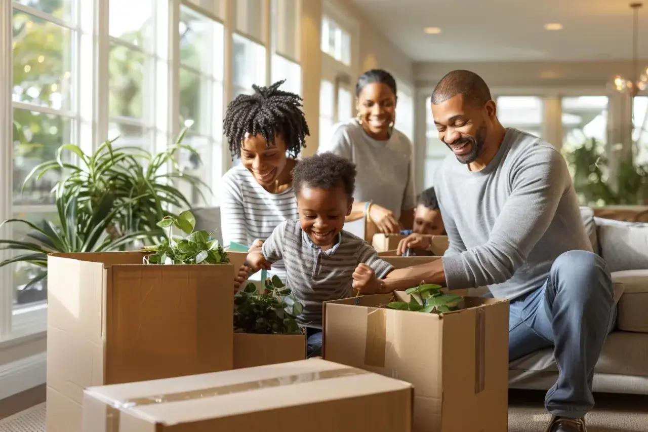 Famille souriante emballant des plantes pour un d&eacute;m&eacute;nagement &agrave; l'&eacute;tranger. Les enfants aident joyeusement.