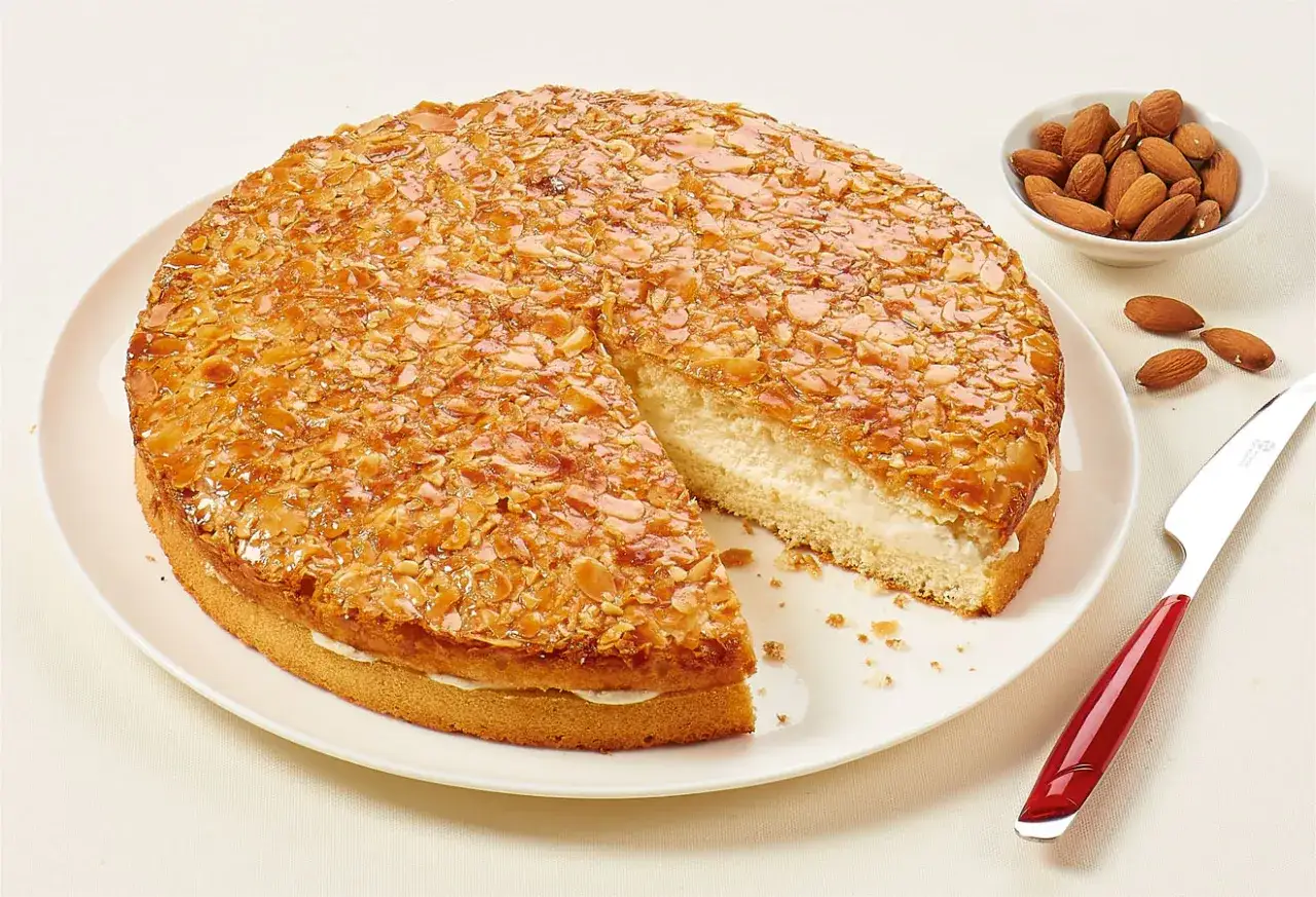 G&acirc;teau rond, garni d'une cr&egrave;me onctueuse et recouvert d'amandes caram&eacute;lis&eacute;es. Une belle id&eacute;e pour une recette nid d'abeille.