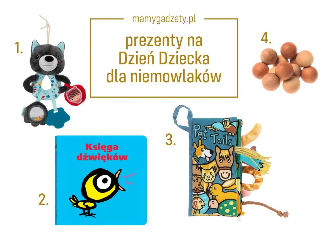 Rzeczy na Dzień Dziecka dla niemowlaków: pluszowy miś, książeczka dźwiękowa, miękka książeczka z zwierzątkami i drewniane koraliki.