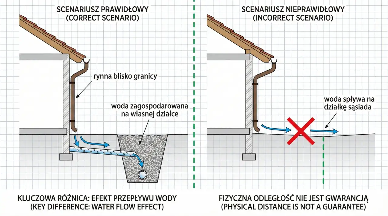 Prawidłowe odprowadzenie wody deszczowej na własnej działce, gdzie kończy się przyłącze wodociągowe, vs. nieprawidłowe, gdy woda spływa do sąsiada.