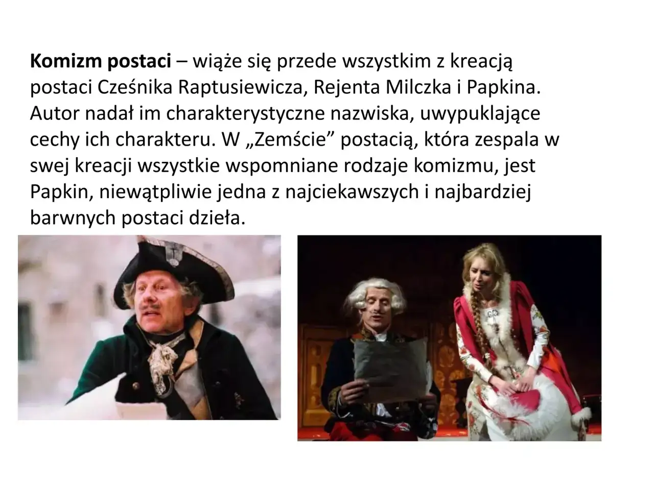 Aktorzy w strojach z epoki, uosabiający komizm postaci w 