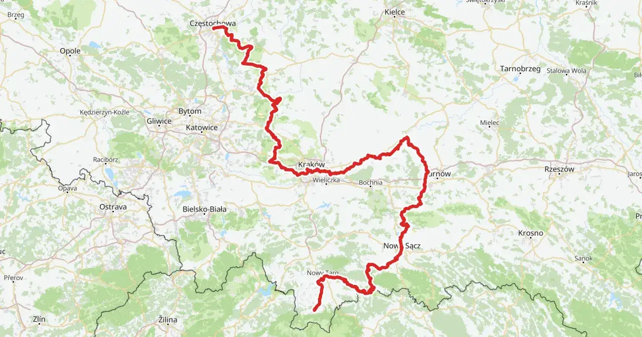 Mapa pokazuje trasę rowerową z Częstochowy przez Kraków do Nowego Sącza. To jedne z najlepszych tras pielgrzymkowych w Polsce dla rowerzystów.
