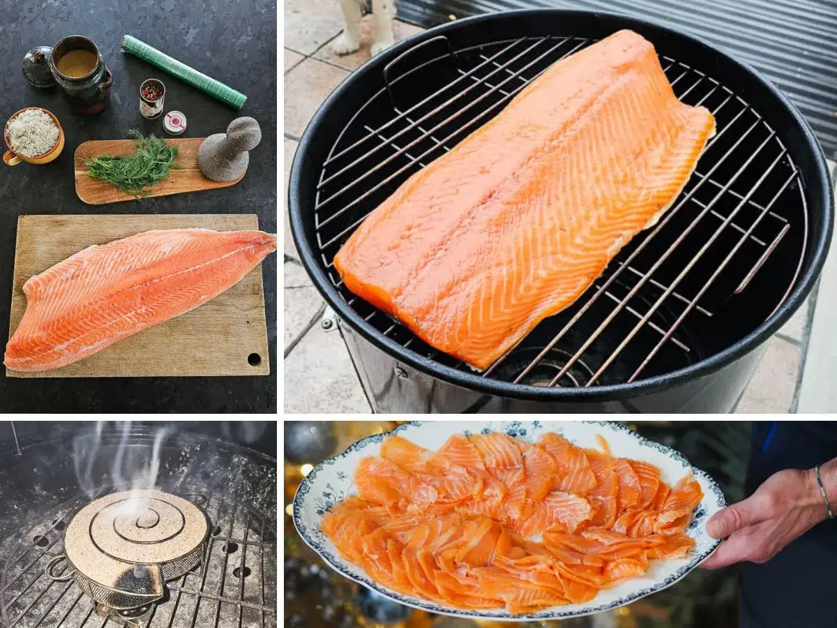 Pr&eacute;paration d'un saumon fum&eacute; : saumure, cuisson au fumoir et d&eacute;gustation de fines tranches.