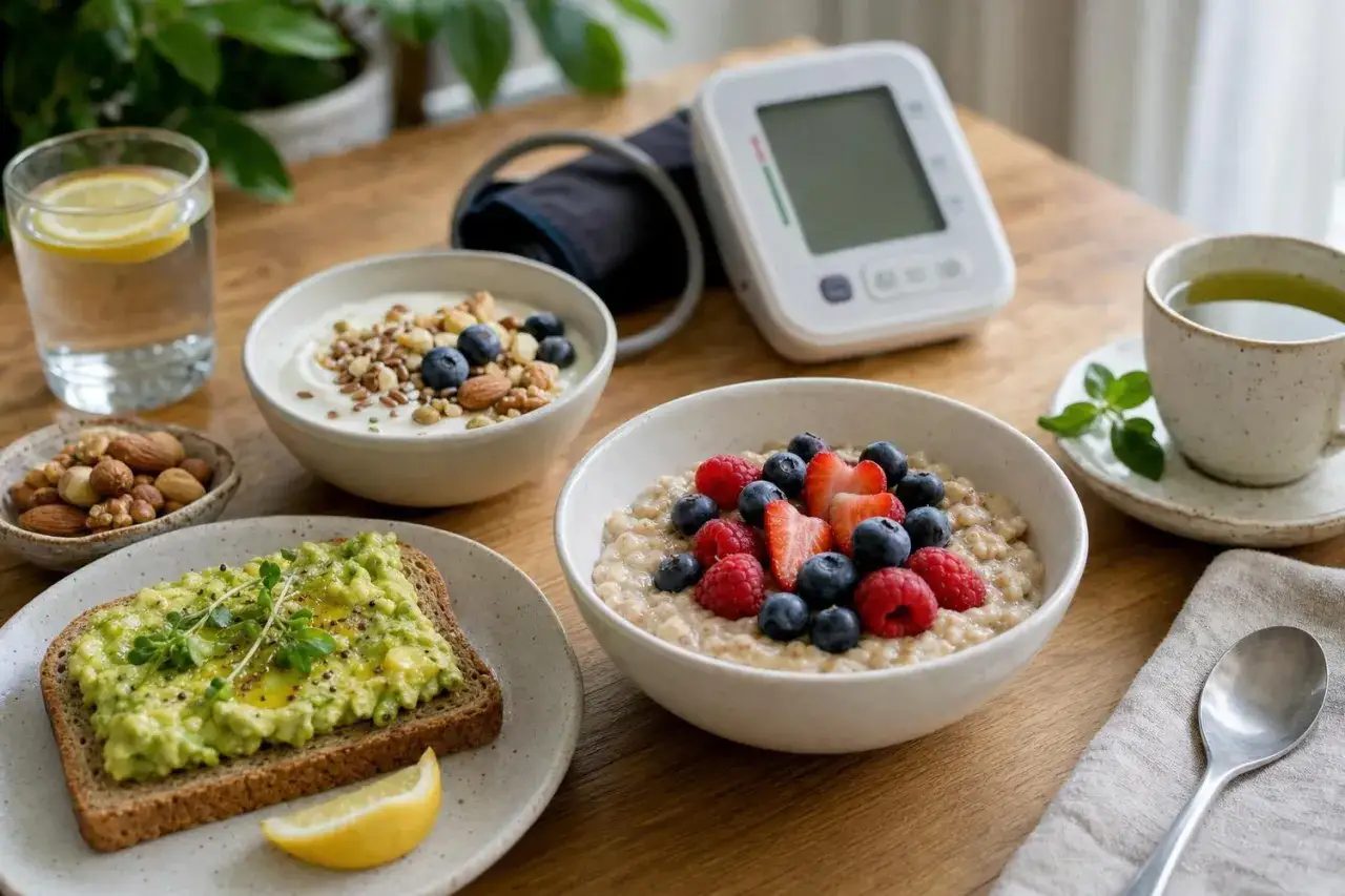 Colazione sana per la pressione bassa: porridge con frutti di bosco, yogurt con frutta secca, toast all'avocado e t&egrave; verde.