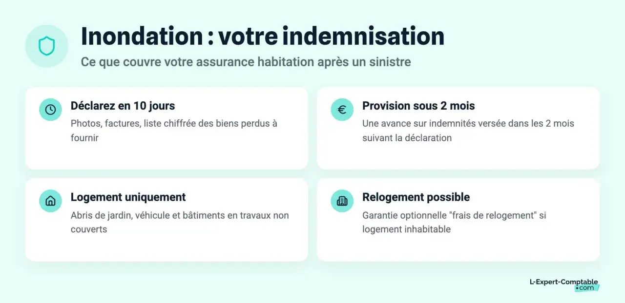 Indemnisation après inondation : déclaration sous 10 jours, provision sous 2 mois, et prise en charge du logement. Le délai travaux après sinistre est géré.