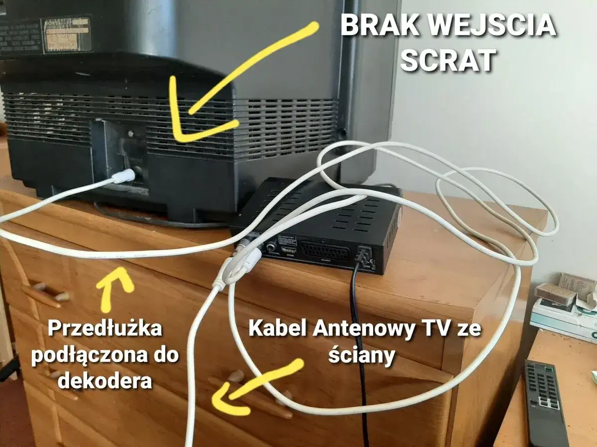Jak podłączyć antenę do dekodera: kabel antenowy ze ściany do dekodera, a przedłużka z dekodera do telewizora. Brak wejścia SCART w TV.