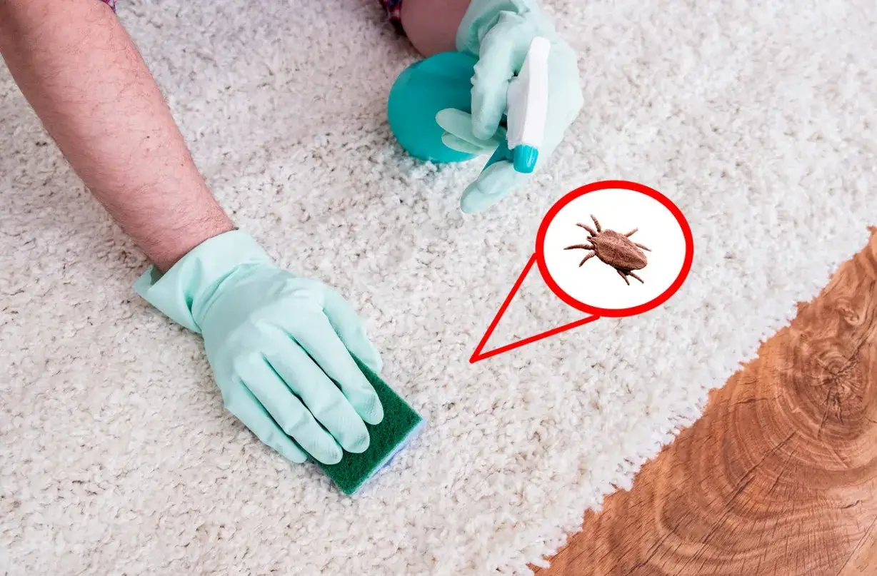 Gants bleus nettoyant un tapis blanc, avec une loupe montrant des puces dans la maison. Lutte contre les parasites.