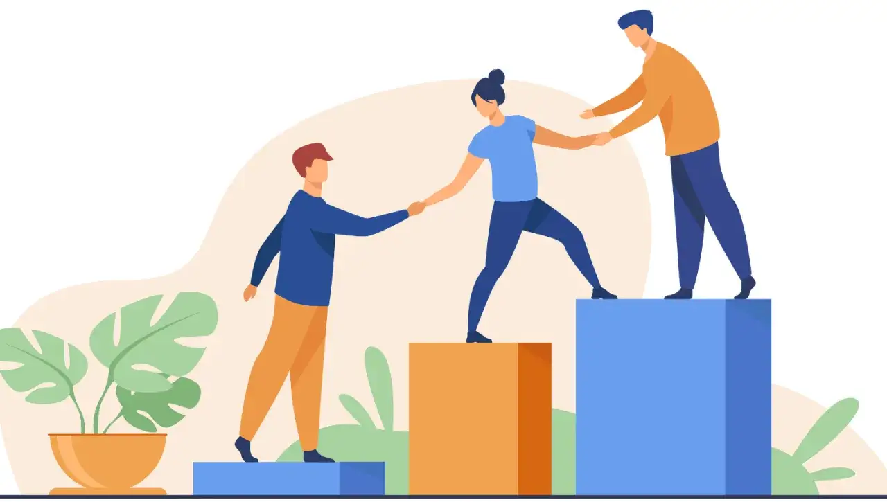 Personas colaborando en escalones, simbolizando el progreso y el apoyo mutuo, como una empresa socialmente responsable.