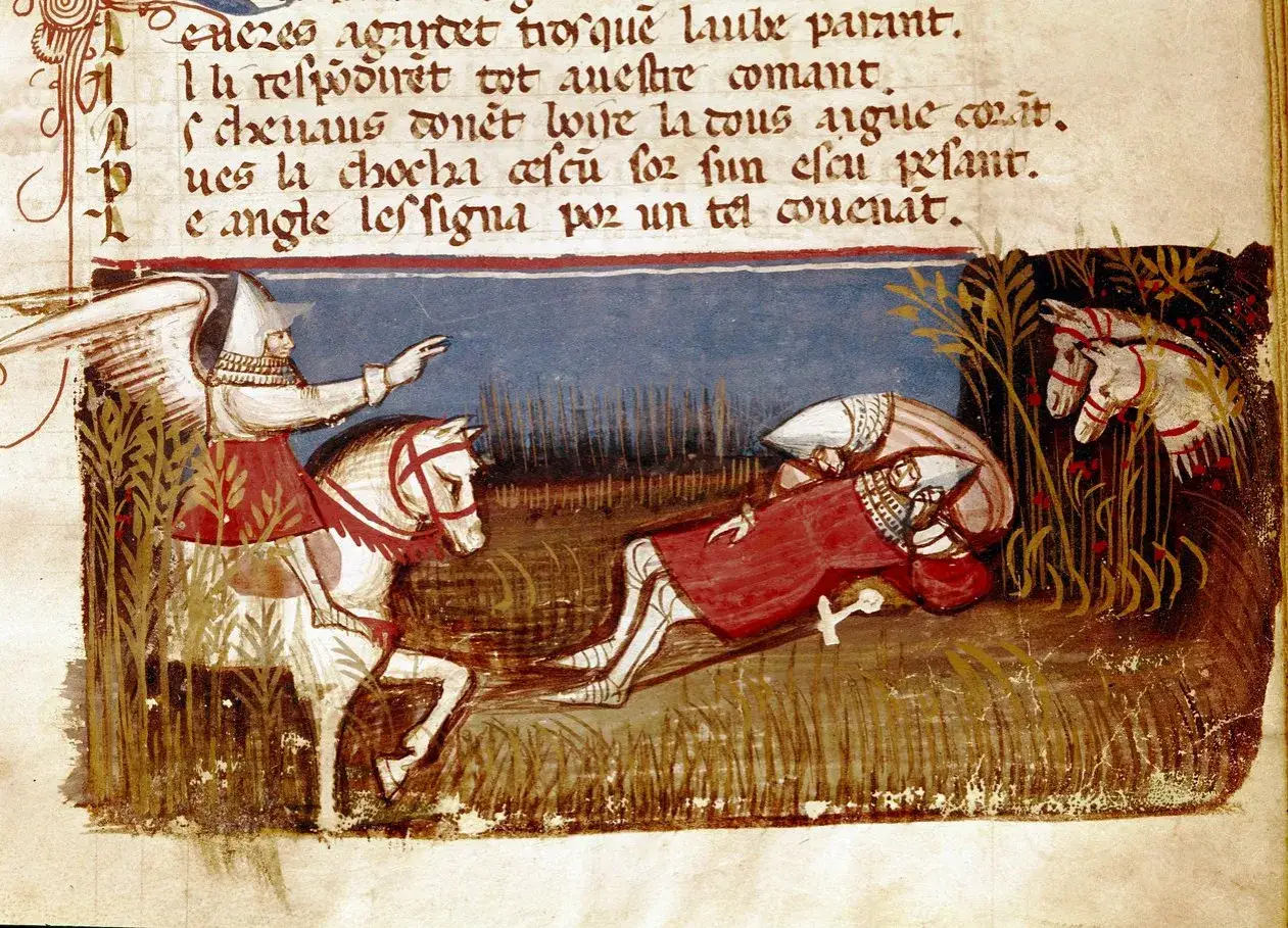 Rycerz na białym koniu z anielskimi skrzydłami wskazuje na rannego towarzysza. Ilustracja do