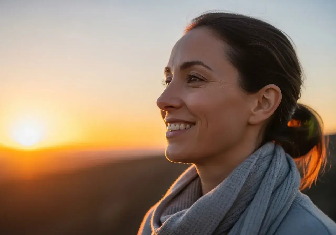 Mujer empoderada sonríe al atardecer, con el sol dorado iluminando su rostro.
