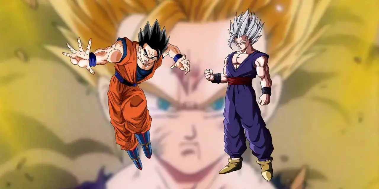 Son Gohan in orange Gi und lila Outfit, bereit zum Kampf. Im Hintergrund ist ein riesiges, verschwommenes Gesicht von Gohan zu sehen.