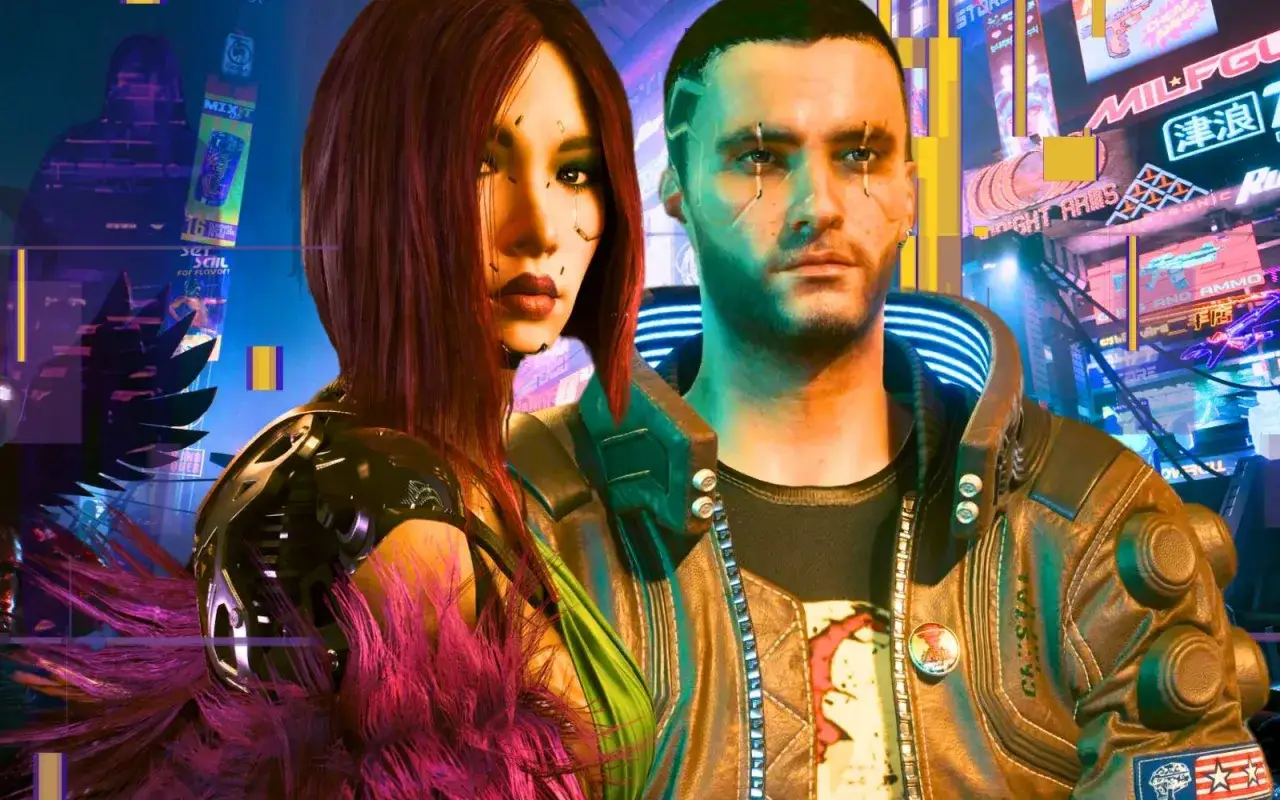 Para, w neonowym mieście, gdzie przyszłość jest kwestią czasu cyberpunk, stoją obok siebie.
