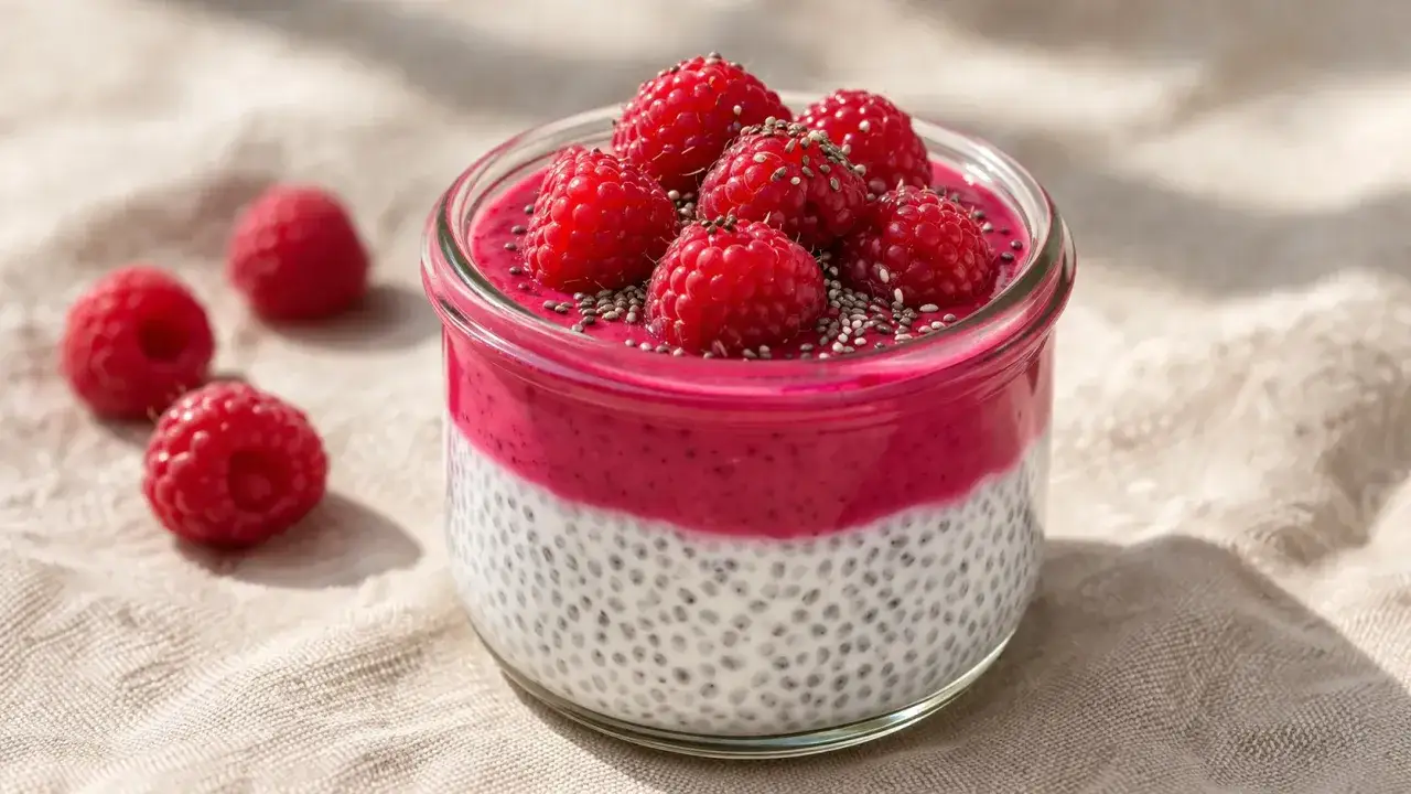 Un d&eacute;liceux pudding de chia avec un nappage framboise facile, garni de fruits frais et de graines.