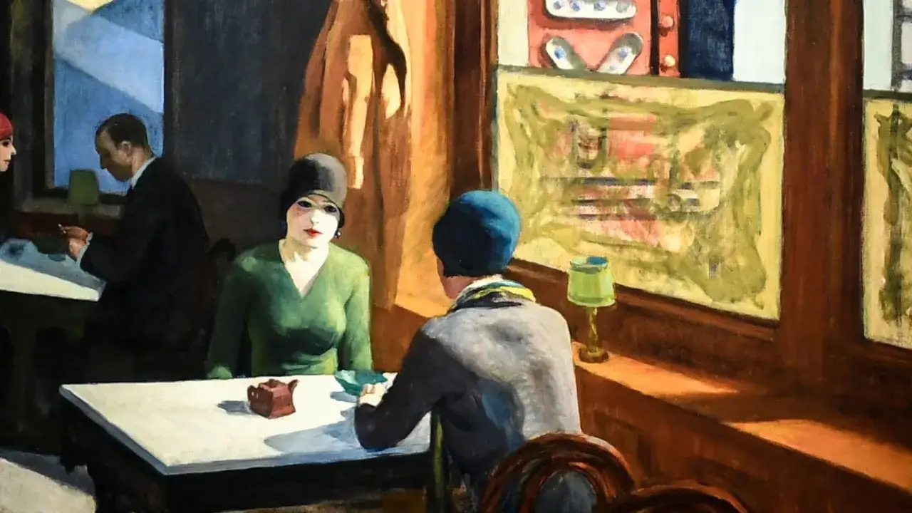 A woman in a green dress and hat sits at a table in a diner, a small teapot before her. Hopper's 