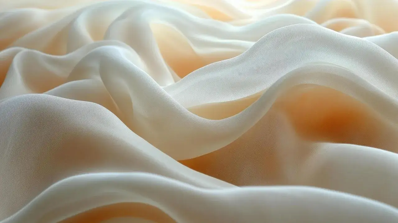 Soft, flowing folds of delicate fabrics in a creamy, peachy hue, catching the light.