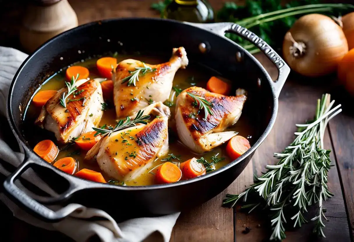 Sauté de poulet savoureux avec carottes et romarin dans une poêle en fonte, prêt à être dégusté.