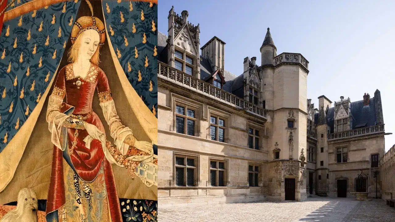 Tapiz medieval y el patio del Museo Cluny, Par&iacute;s.
