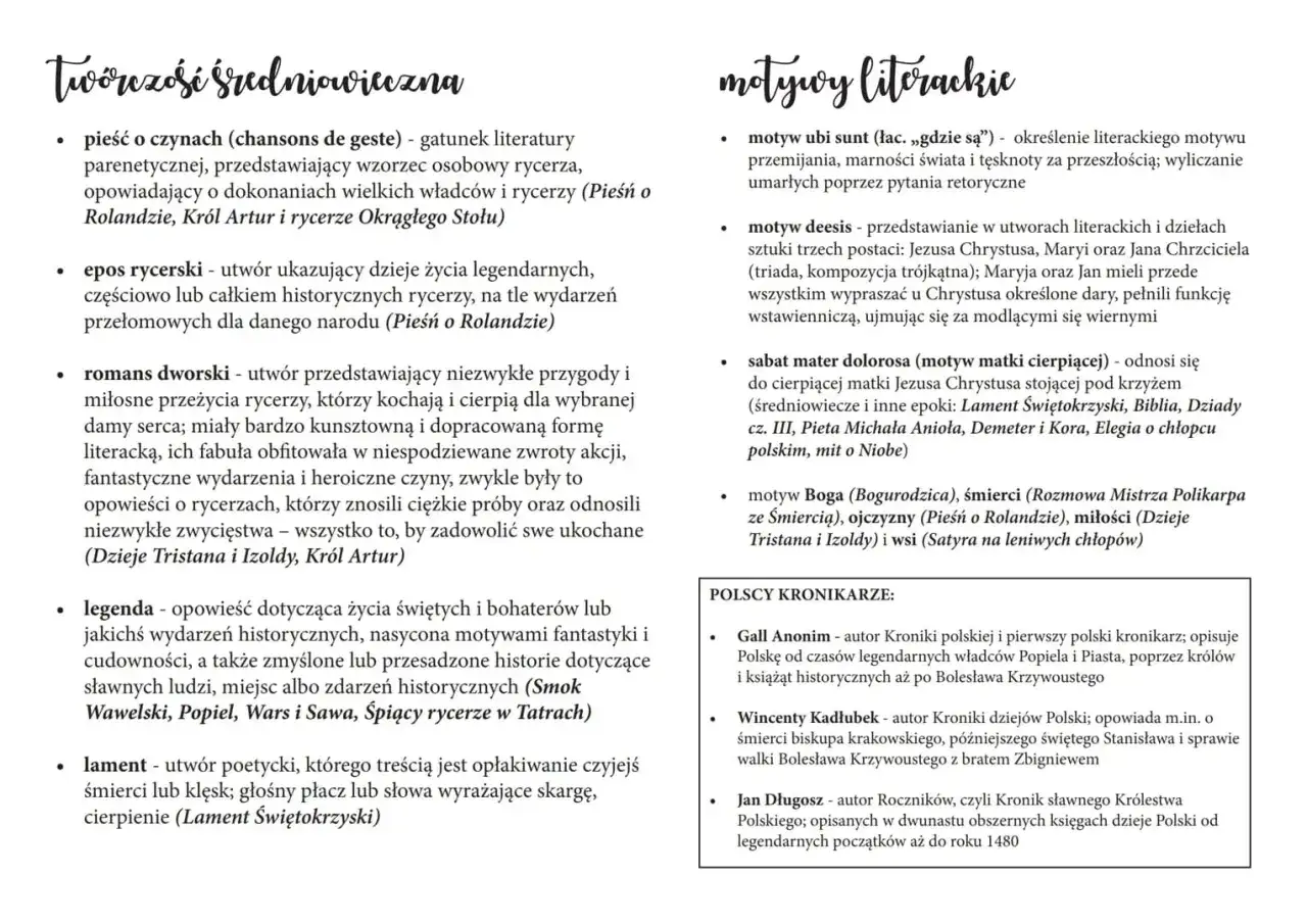 Średniowieczne motywy literackie: pieśń o czynach, epos rycerski, romans dworski, legenda, lament. Co oznacza imię Janusz? To pytanie nie ma związku z tym tekstem.