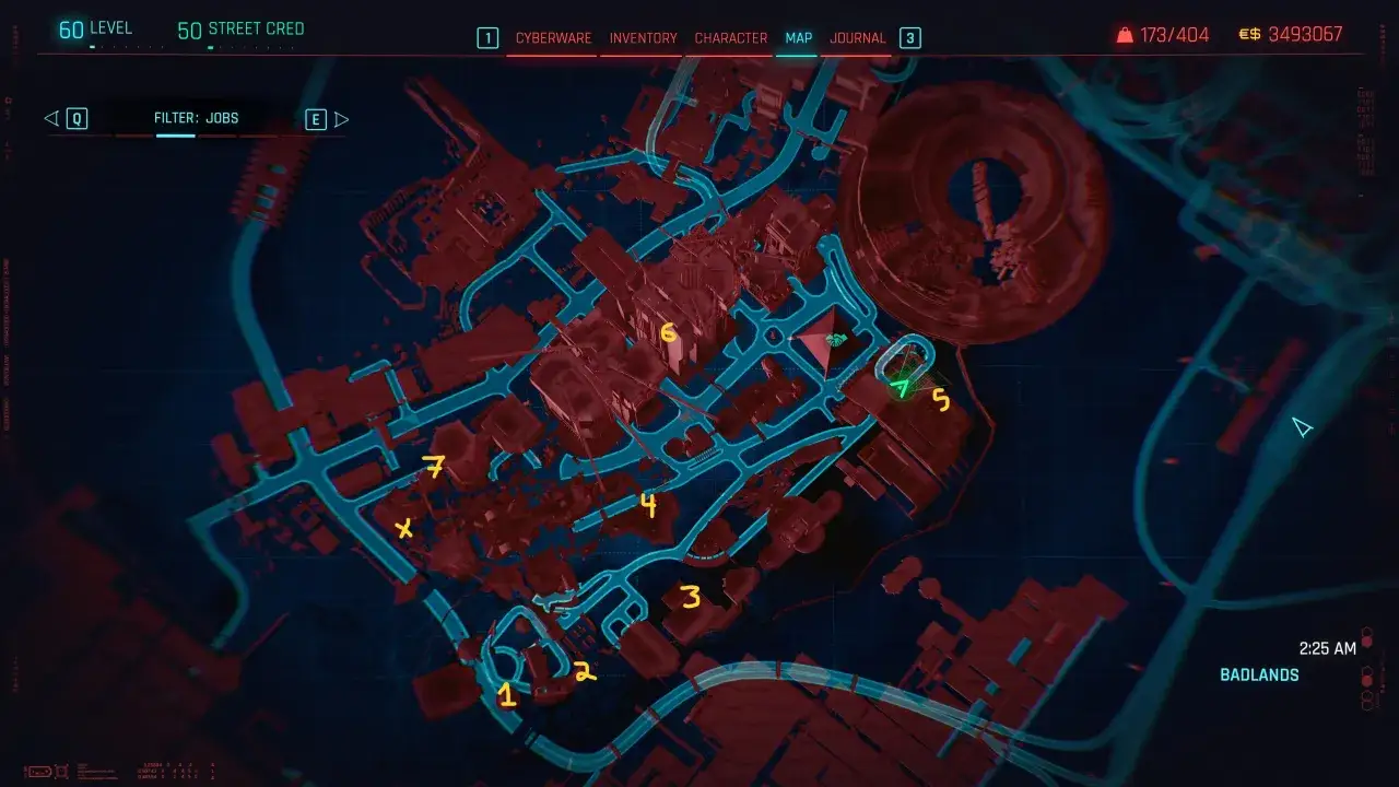 Mapa miasta w stylu cyberpunk, z zaznaczonymi punktami misji. W dobra strone cyberpunk, gdzie każda cyfra to potencjalna przygoda.