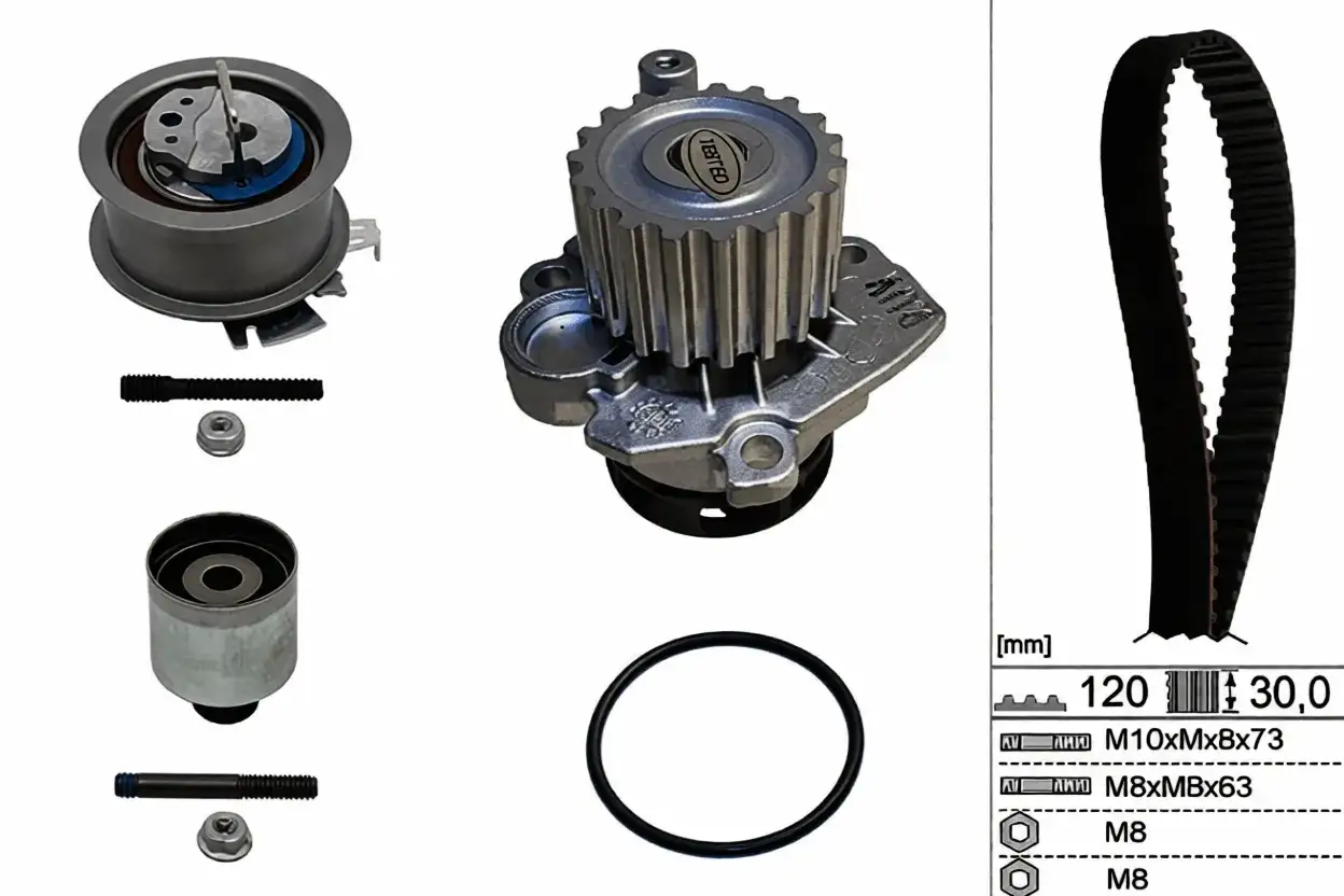 Kit pour changer courroie de distribution : pompe &agrave; eau, tendeur, galet, courroie et visserie.