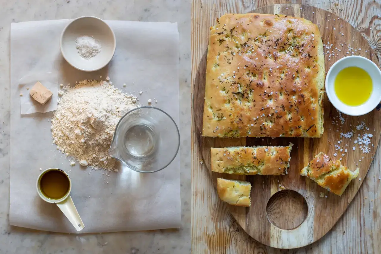 Focaccia recept Zeina: ingredienser för bröd och färdigbakad, gyllene focaccia med örter och flingsalt.