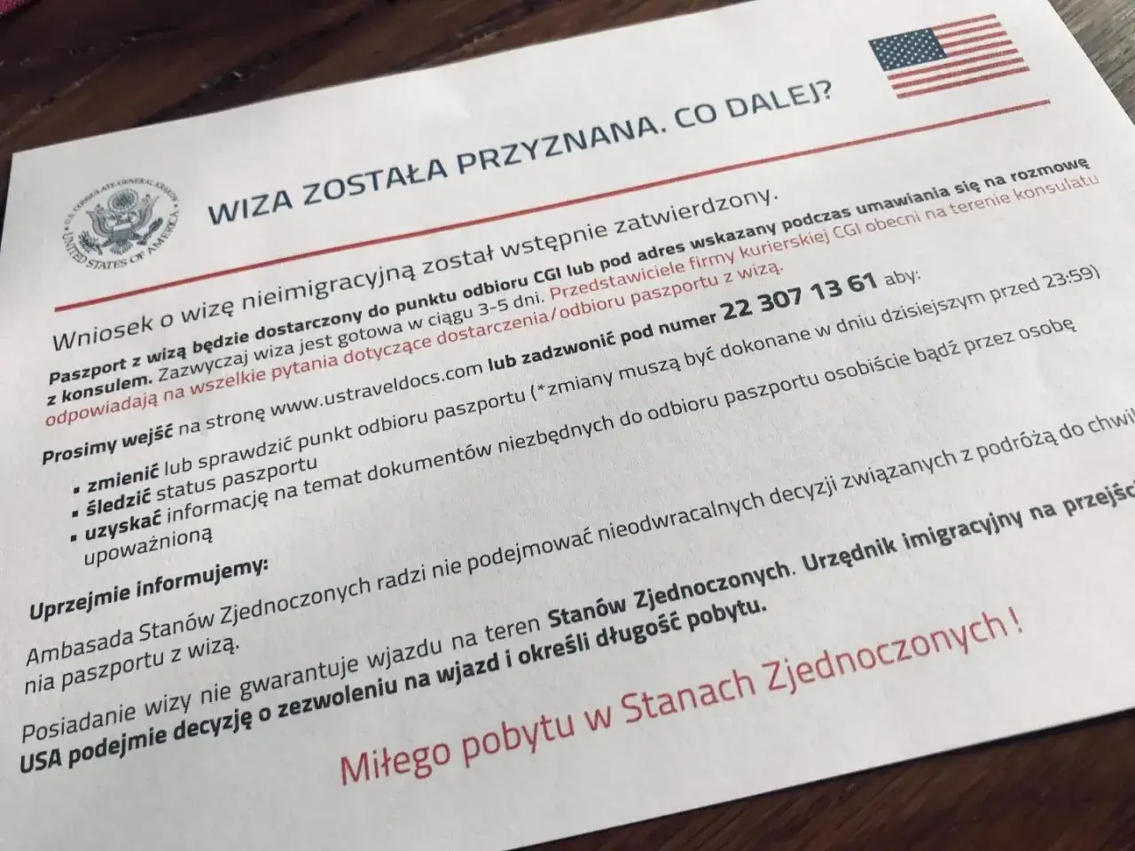 Wiza turystyczna USA przyznana! Paszport z wizą odbierzesz wkrótce. Sprawdź szczegóły na www.ustraveldocs.com.