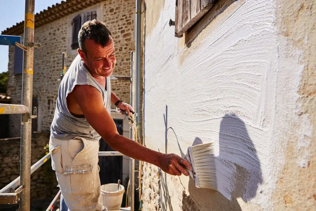 Un ma&ccedil;on applique un enduit blanc sur un mur en pierre, illustrant la diff&eacute;rence entre chaux vive et chaux hydraulique pour la r&eacute;novation.
