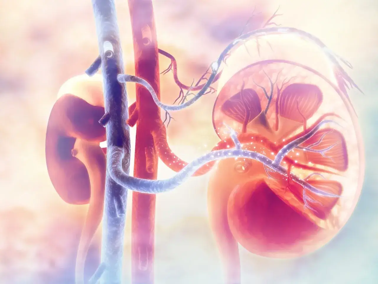 Anatomia nerki z widocznymi naczyniami krwionośnymi, sugerująca proces dializy nerek.