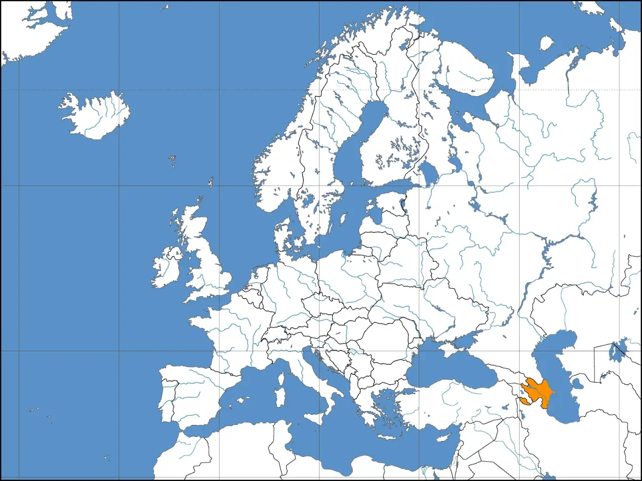 Mapa Europy z zaznaczonym na pomarańczowo Azerbejdżanem. Kluczowy punkt dla bezpieczeństwa regionu Kaukazu.
