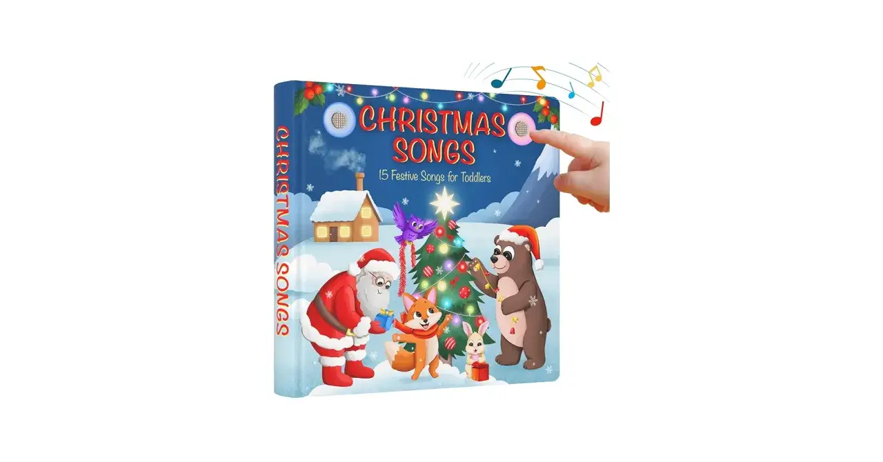 Libro interattivo con Babbo Natale, orso e altri personaggi natalizi. Premi i pulsanti per ascoltare canzoni di natale in inglese con testo.
