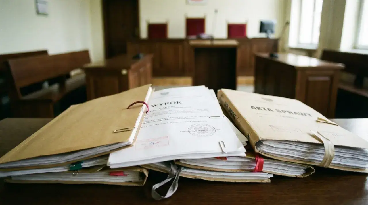 Akta sprawy i wyrok czekają na wydanie orzeczenia w sali sądowej.