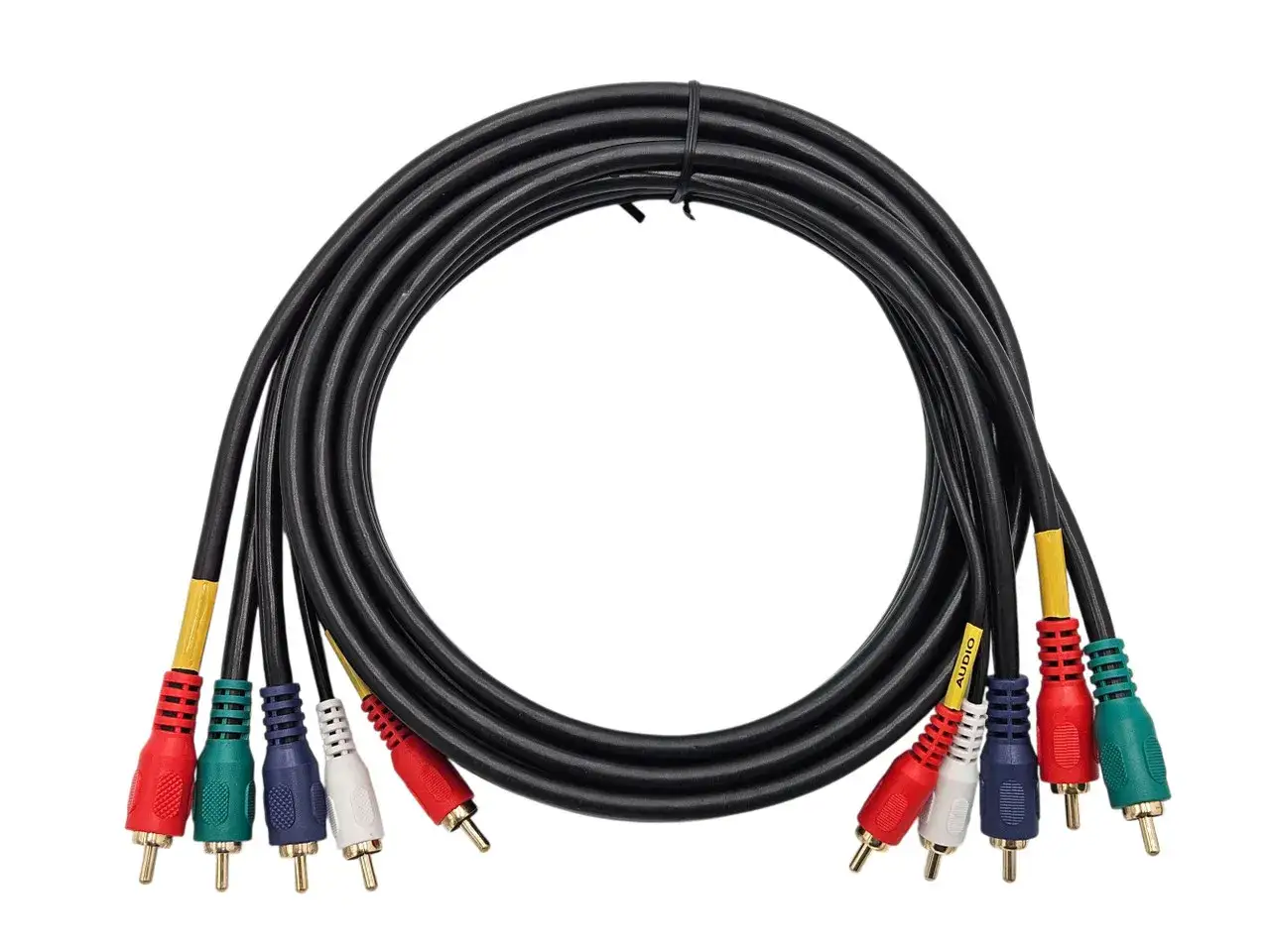 Kabel z kolorowymi wtykami RCA (czerwony, zielony, niebieski, biały, ż&oacute;łty) do podłączenia sprzętu audio-wideo.