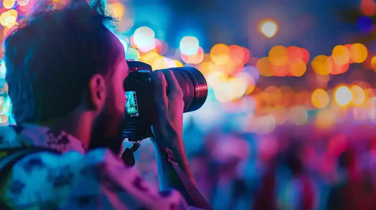 Photographe en pleine action, capturant l'ambiance vibrante d'un événement festif. Les lumières bokeh créent une atmosphère magique.