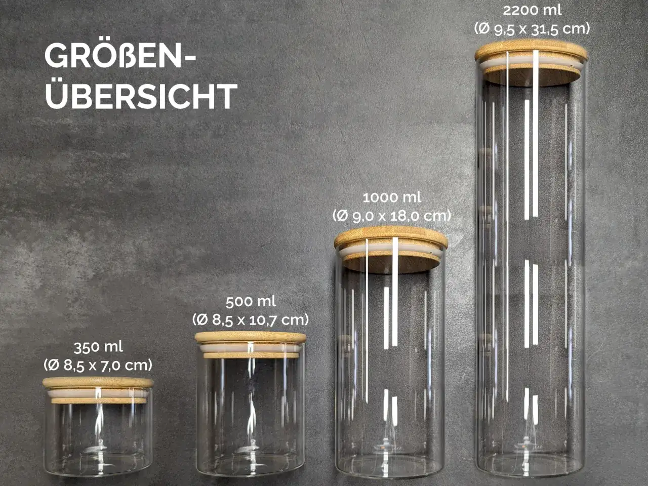 Glasbehälter in verschiedenen Größen (350-2200 ml) mit Bambusdeckeln. Ideal, um die vorratsschublade organisieren und Lebensmittel frisch zu halten.