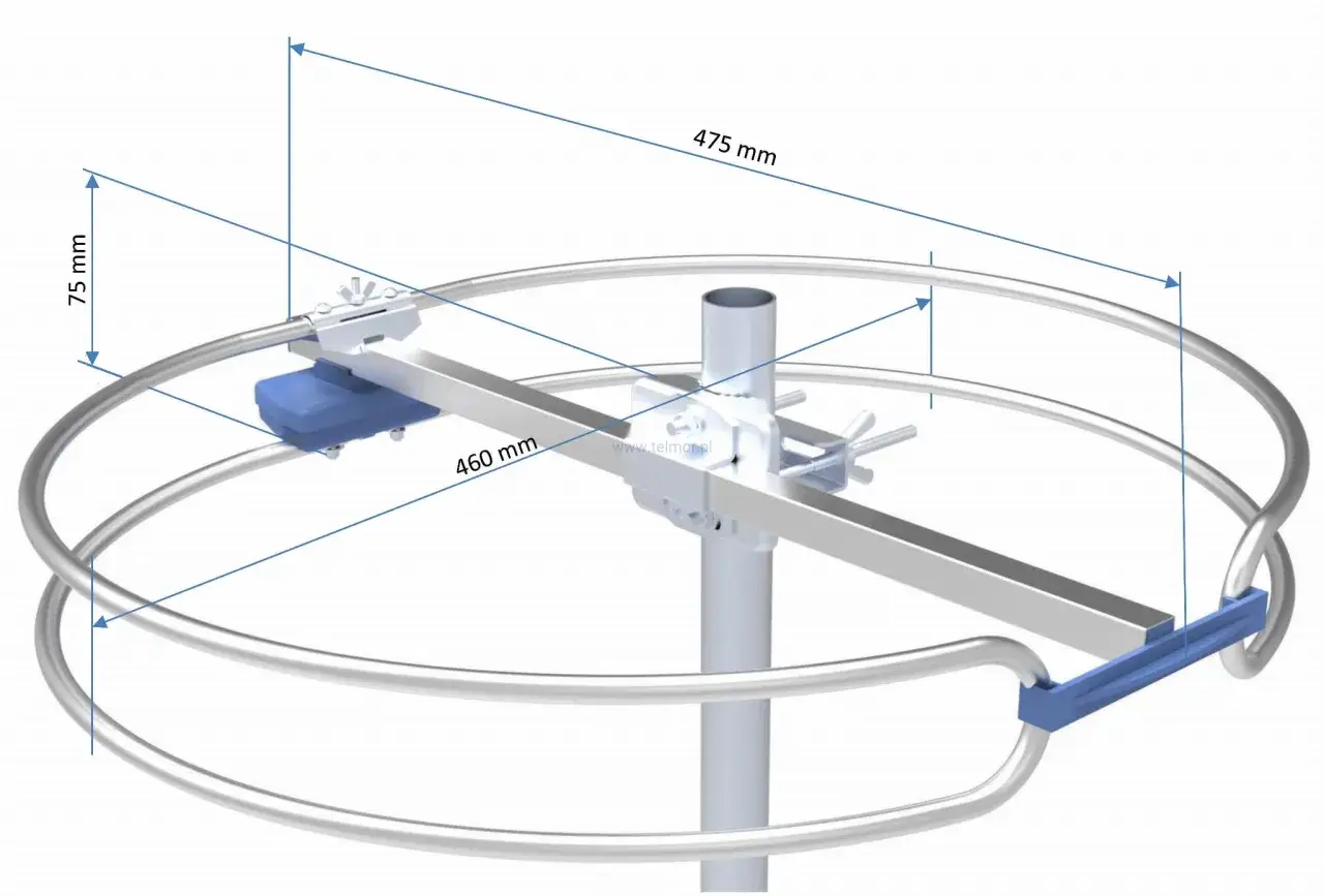 Schemat anteny UKF do radia. Wymiary: 460 mm, 475 mm, 75 mm.
