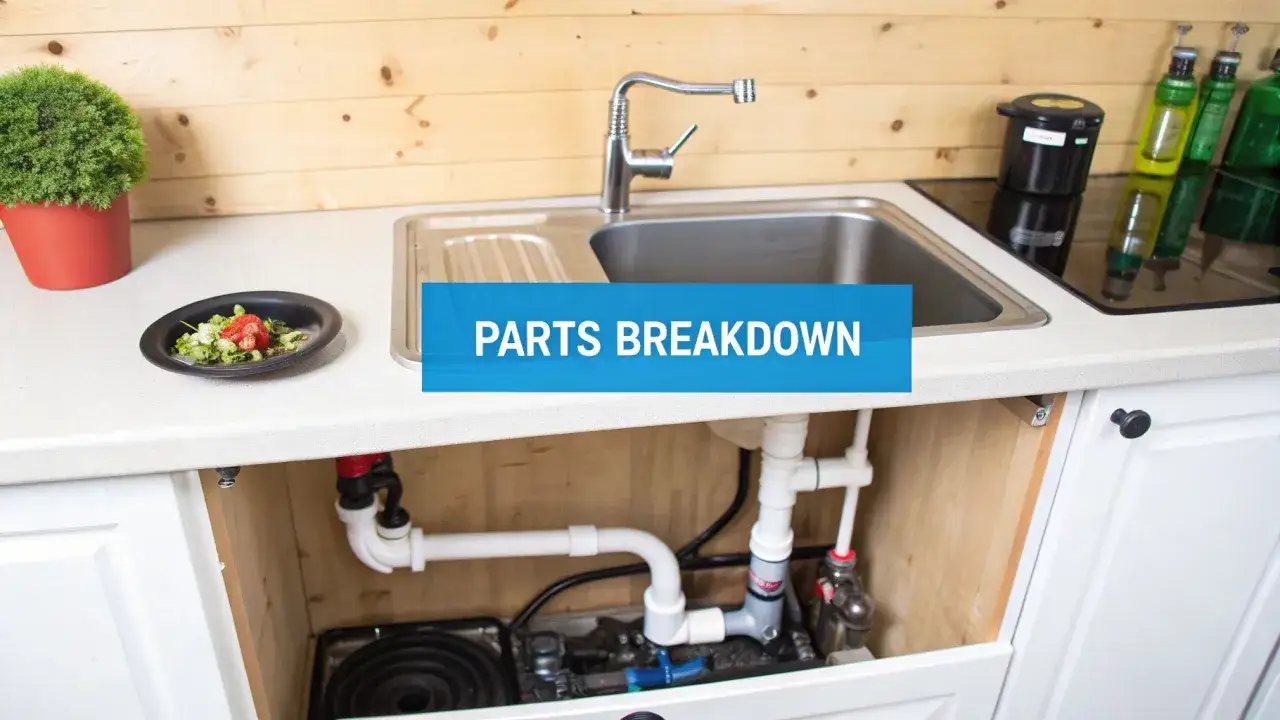 Under-sink plumbing for a kitchen sink installation, showing pipes, traps, and connections.