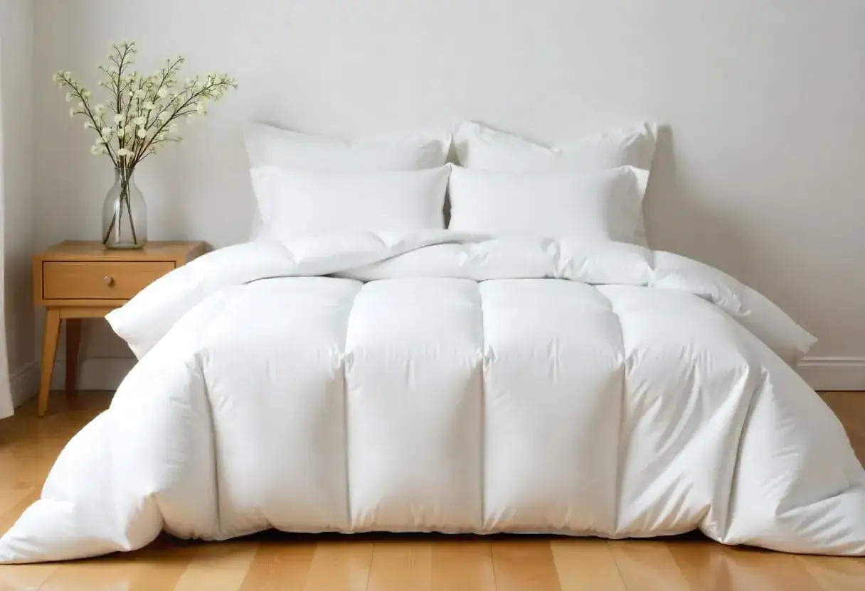 Cama impecable con edredón plumón oca blanco, almohadas y un jarrón con flores en una mesita de noche.