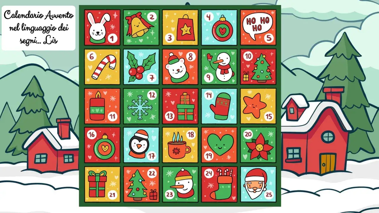 Un colorato calendario avvento interattivo con 25 caselle decorate con simboli natalizi e numeri, pronto per essere aperto giorno dopo giorno.