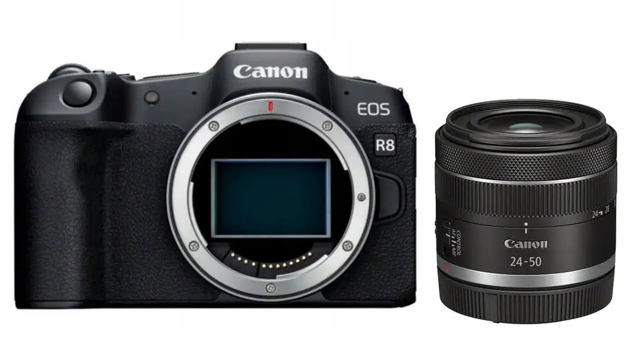 Aparat Canon EOS R8 z obiektywem 24-50mm. Sprawdź atrakcyjną canon r8 cena!