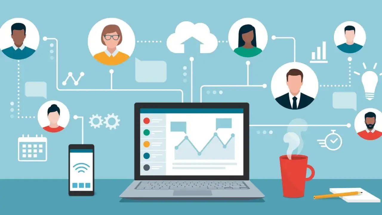 Equipo colaborando en l&iacute;nea. Un port&aacute;til muestra gr&aacute;ficos, un m&oacute;vil conectado, y avatares de personas. Ideal para aplicaciones de trabajo remoto.