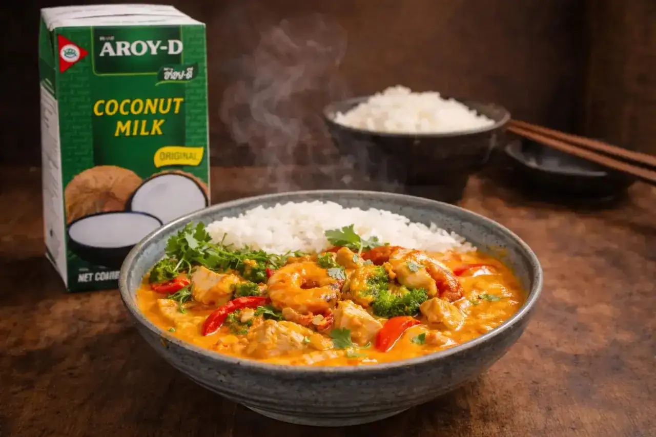 En skål med ångande curry med räkor, kyckling, broccoli och ris. Bredvid står en kartong med Aroy-D kokosmjölk, perfekt för en krämig leche de coco-baserad sås.