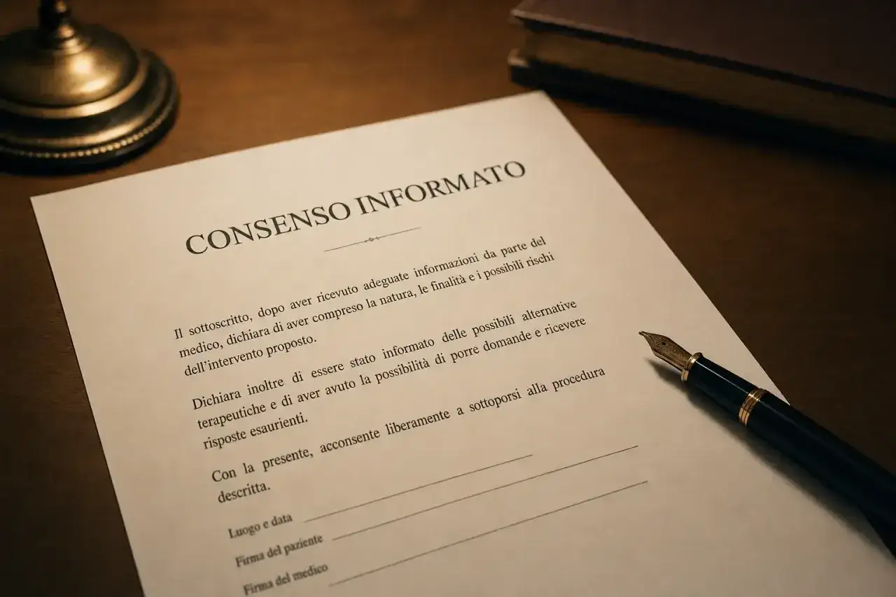 Documento di consenso informato, con penna d'epoca. La legge tutela il diritto del paziente a ricevere informazioni complete prima di un trattamento.