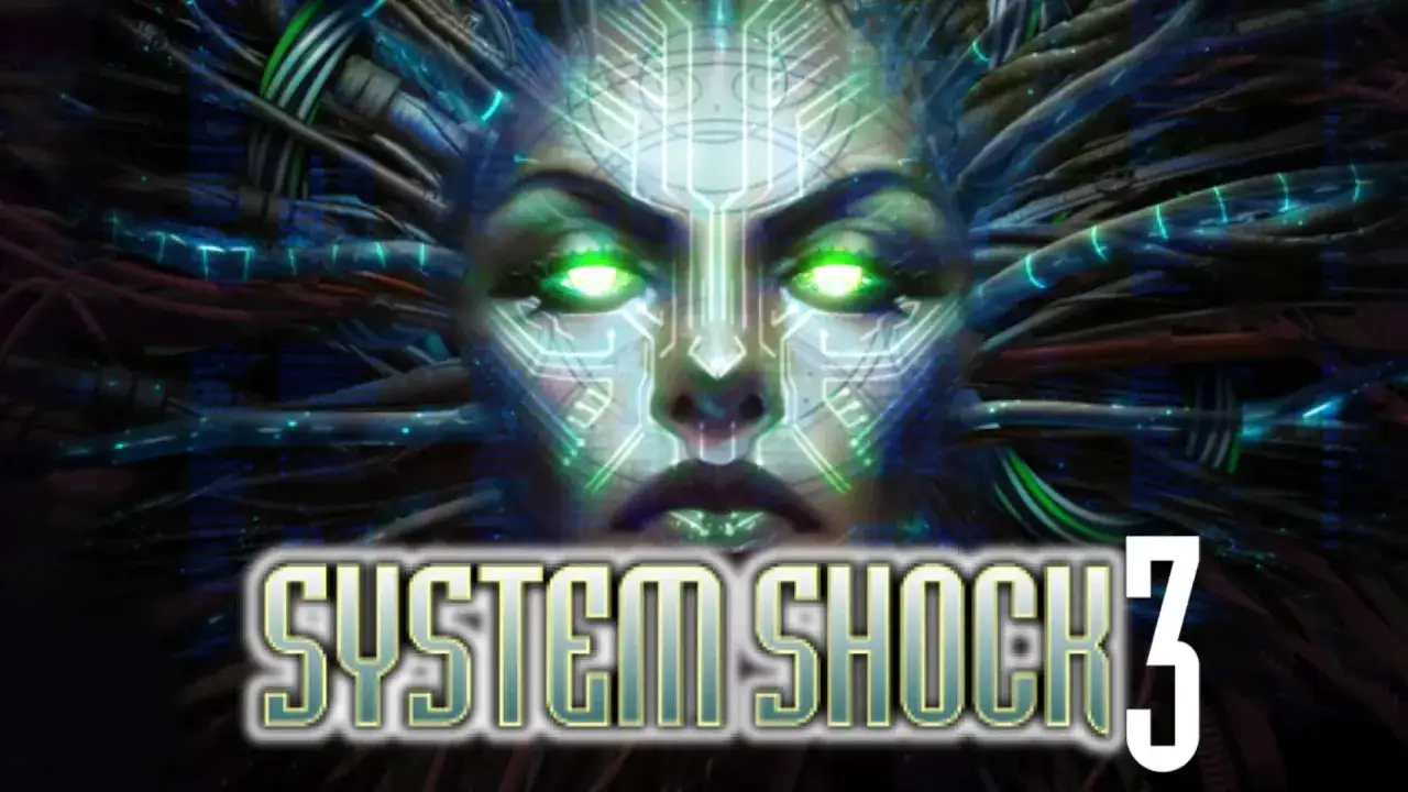 Cyberpunkowa twarz z zielonymi, świecącymi oczami, otoczona kablami i kodem. Logo System Shock 3.