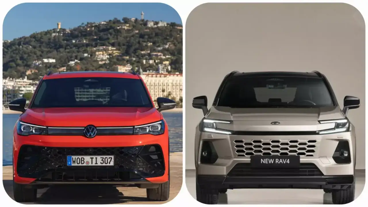 Dwa SUV-y: czerwony Volkswagen z widokiem na morze i wzgórza, oraz beżowy z napisem