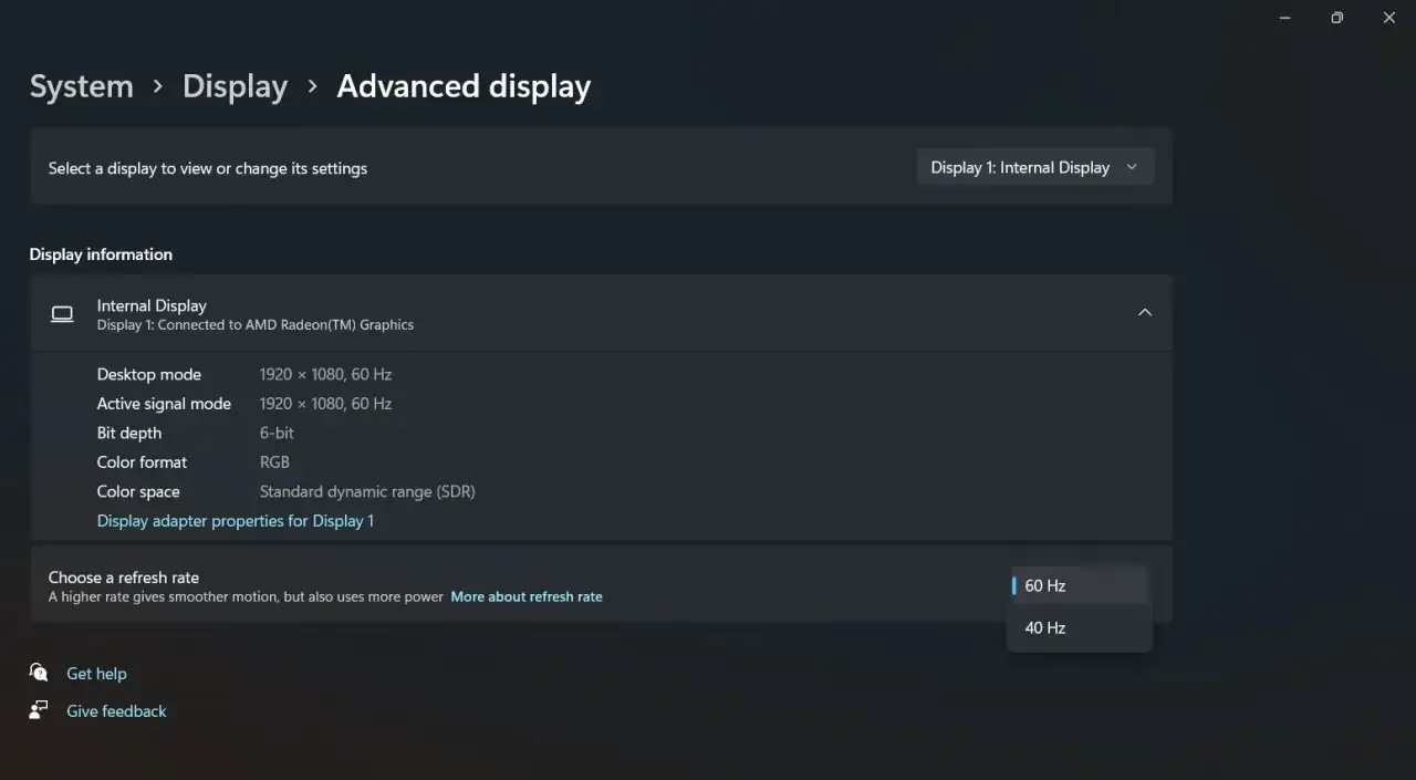 Einstellungen für den internen Bildschirm: Auflösung 1920x1080, 60 Hz. Bildwiederholrate auf 60 Hz oder 40 Hz einstellen.