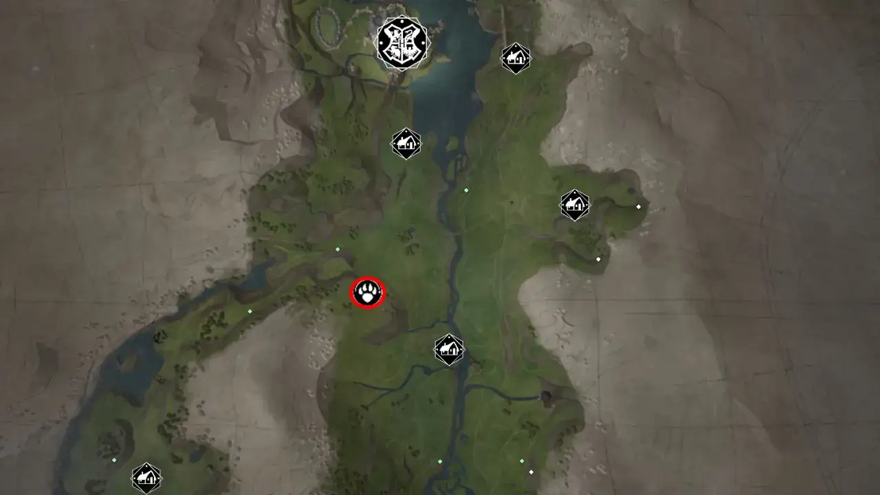 Mapa Hogwart's Legacy z zaznaczonym śladem łapy. Szukaj skarbów w tej okolicy!